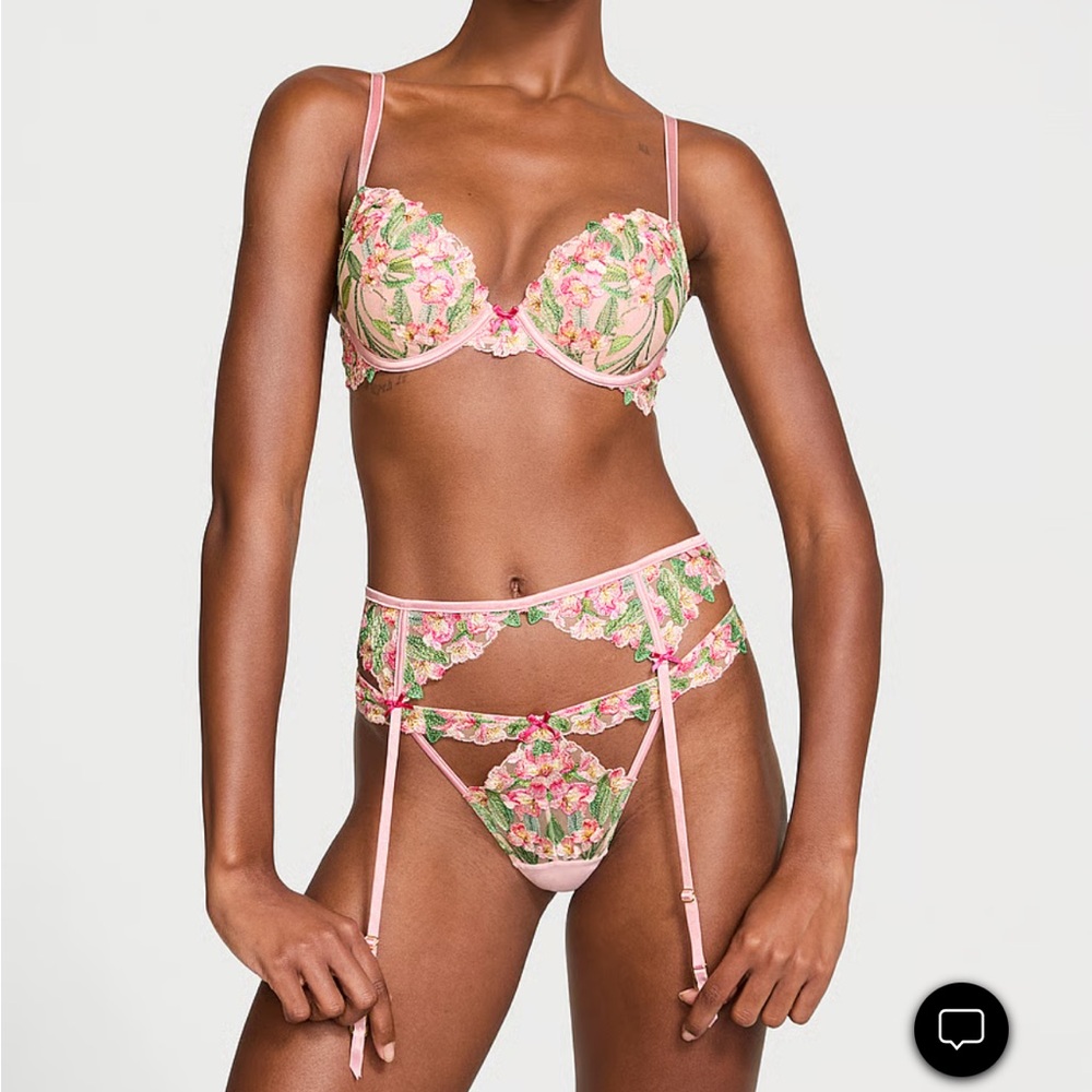 Victoria's Secret Floral Embroidered Bra Set - Pink and Green